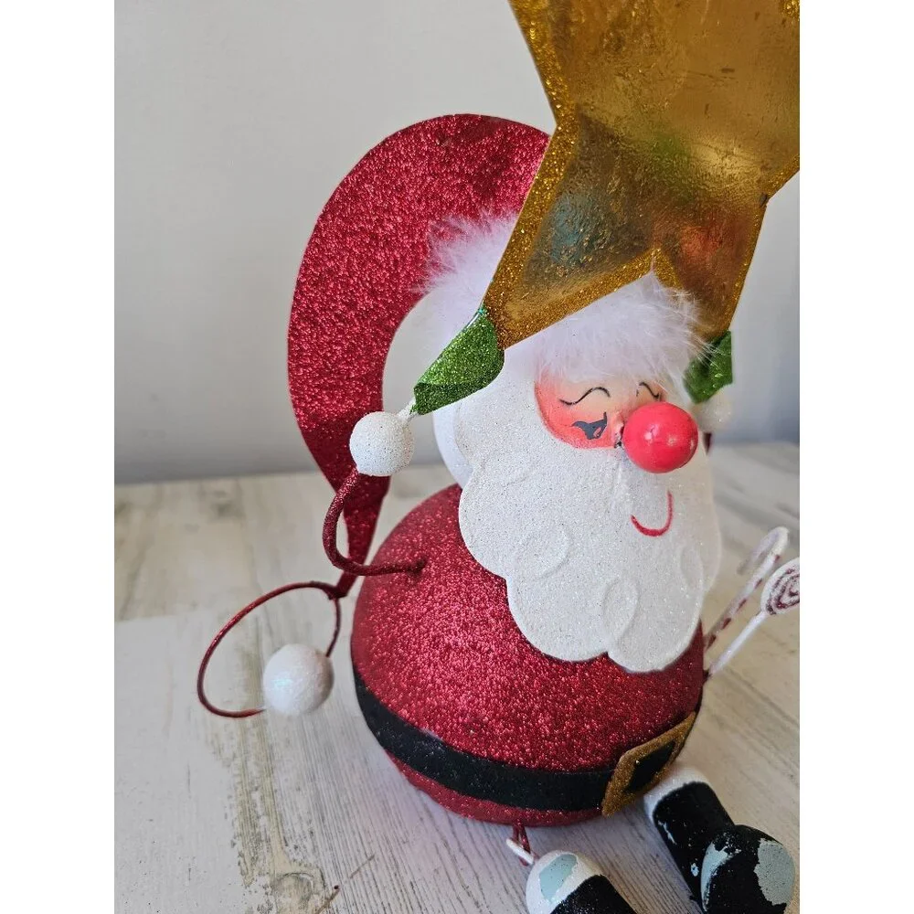 Pier 1 glitter Santa star metal vintage retired rare red gold Xmas decor centerp